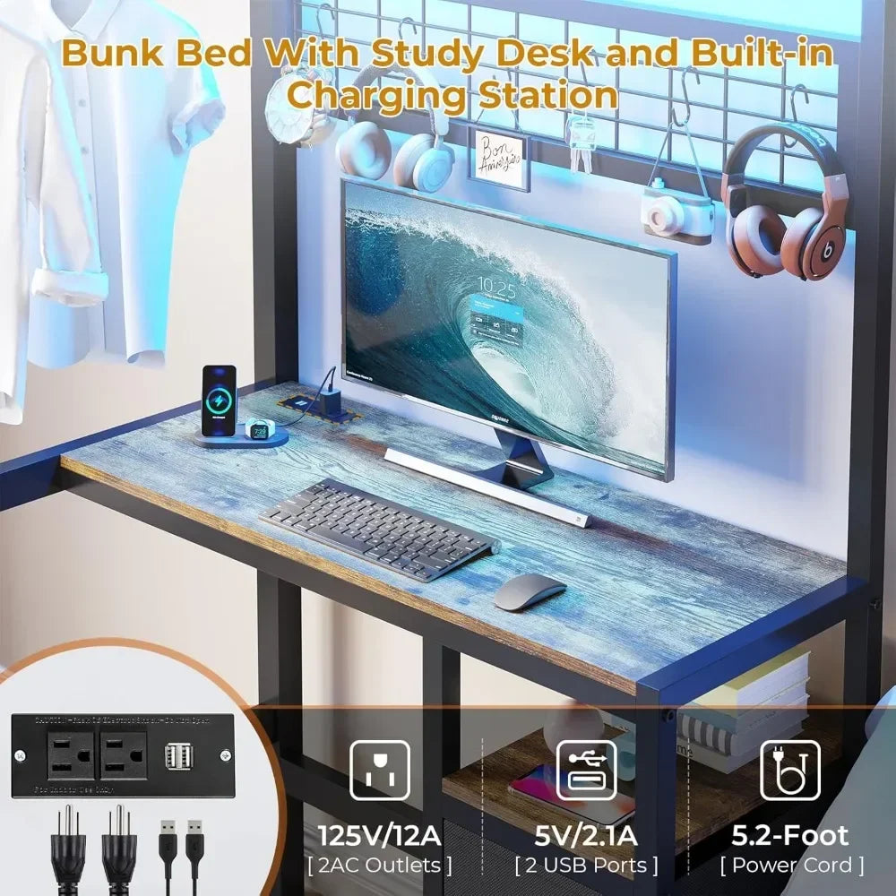 Bunk Bed Twin Over Twin Size with Desk and Charging Station L-Shaped Metal