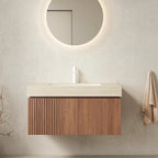 36in Wall Mounted Bathroom Vanity with Sink Ceramic Basin Travertine Countertop Storage Drawer Door Light