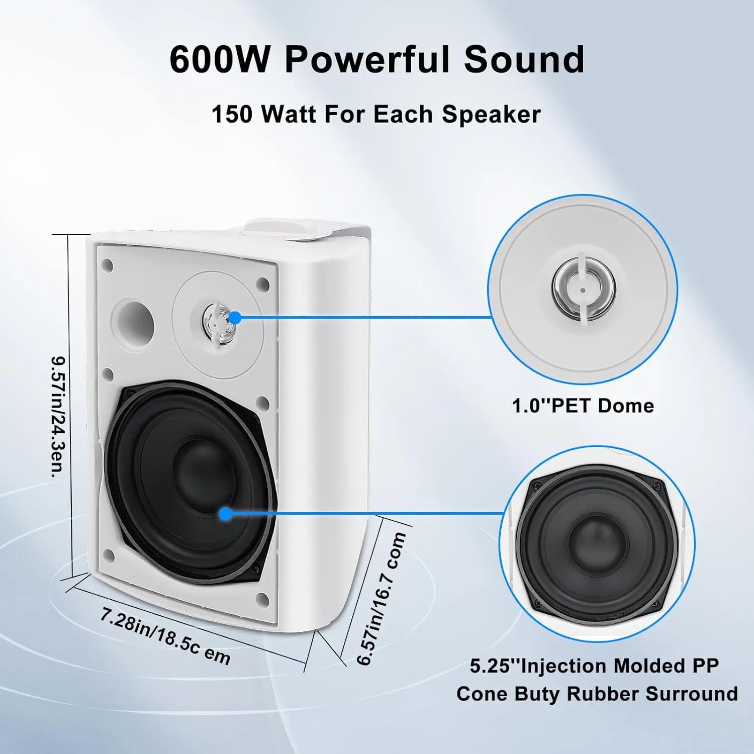 5.25'' 2PCS Indoor Outdoor Bluetooth Speakers Patio Waterproof Wired Wall Mount System 300 Watts Black