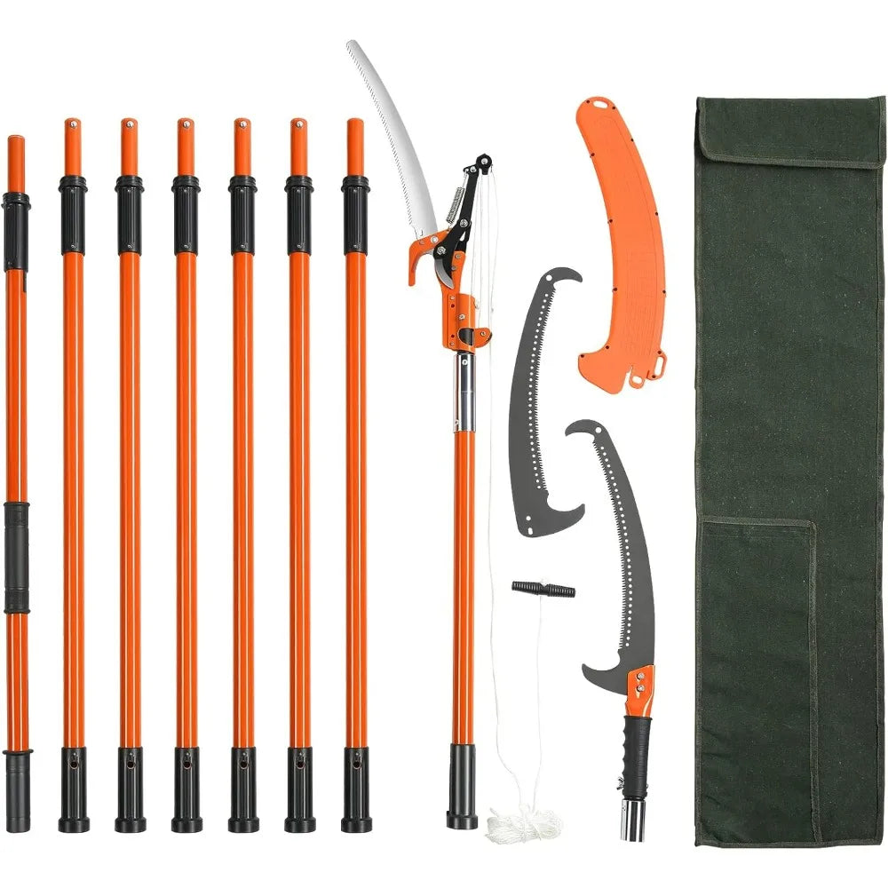 7.3-27 ft Extendable Pole Saw 8 Fiberglass Handles Steel Blade Scissors Tree Pruner for Palms Shrubs