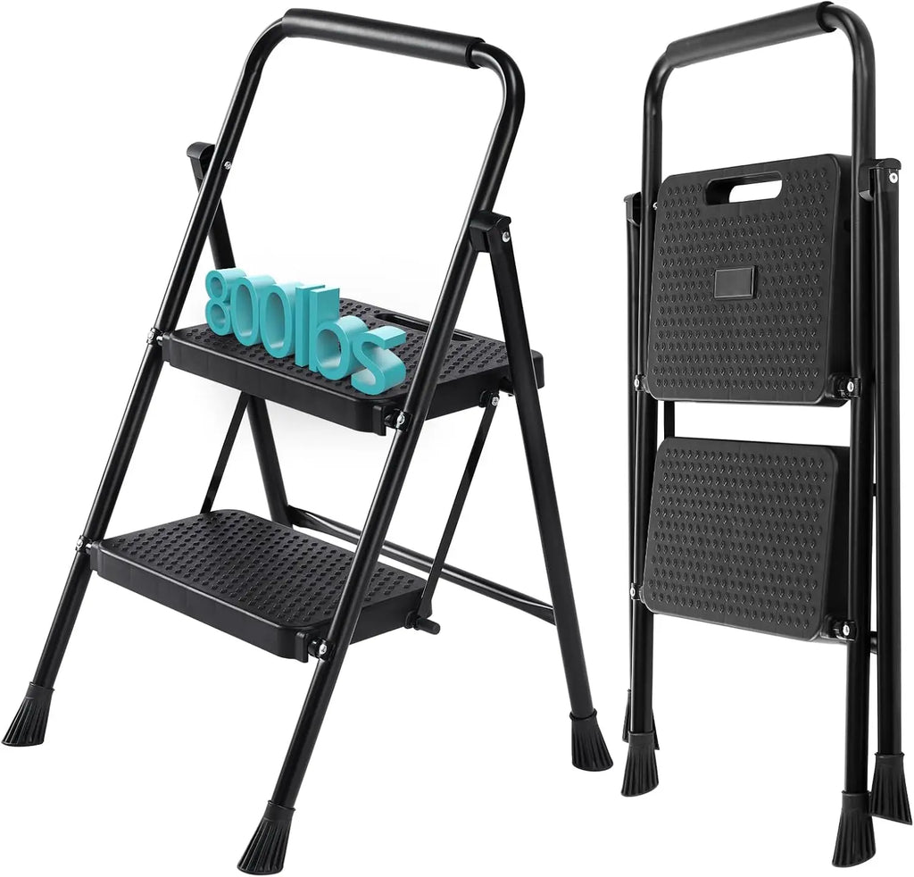 Foldable 2-Step Stool with Anti-Slip Pedal & Handrail, 800lbs Capacity Steel Ladder