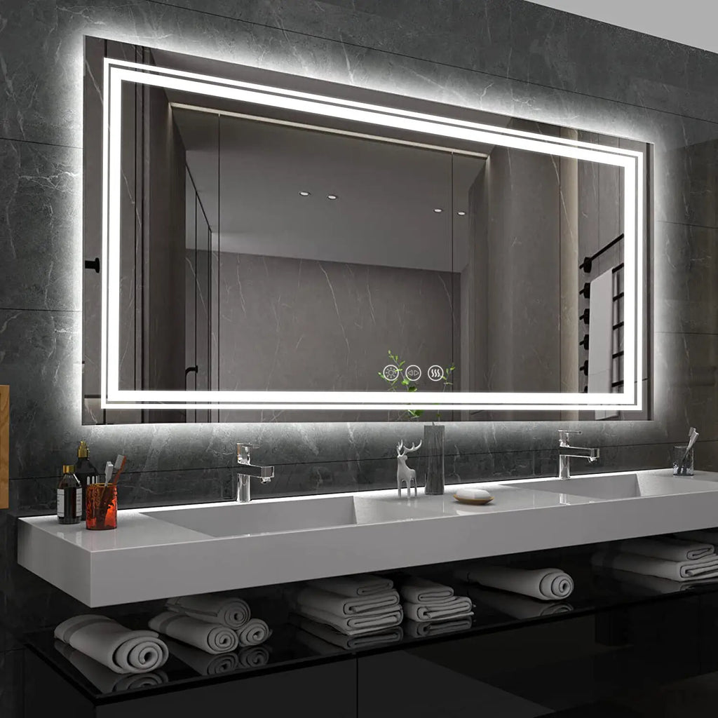 Extra Large Rectangle LED Vanity Dimmable Backlit Anti-Fog Memory with Front and Backlight Shatter-Proof