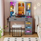 RGB Glass Top Vanity Desk with Mirror Light Wireless Charging Stool 6 Drawers Cabinet Bedroom White Customized