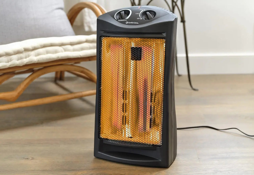 Portable Electric Heater with Adjustable Thermostat, Infrared Quartz Tower for Indoor Use, 2 Heat Settings, Black