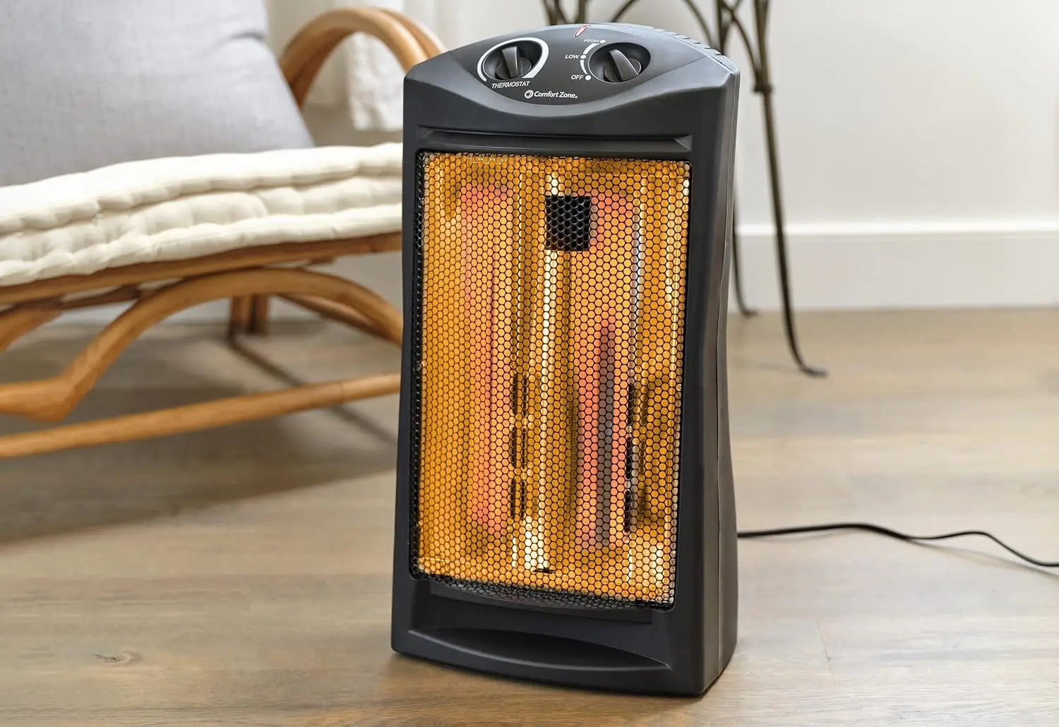 Portable Electric Heater with Adjustable Thermostat, Infrared Quartz Tower for Indoor Use, 2 Heat Settings, Black