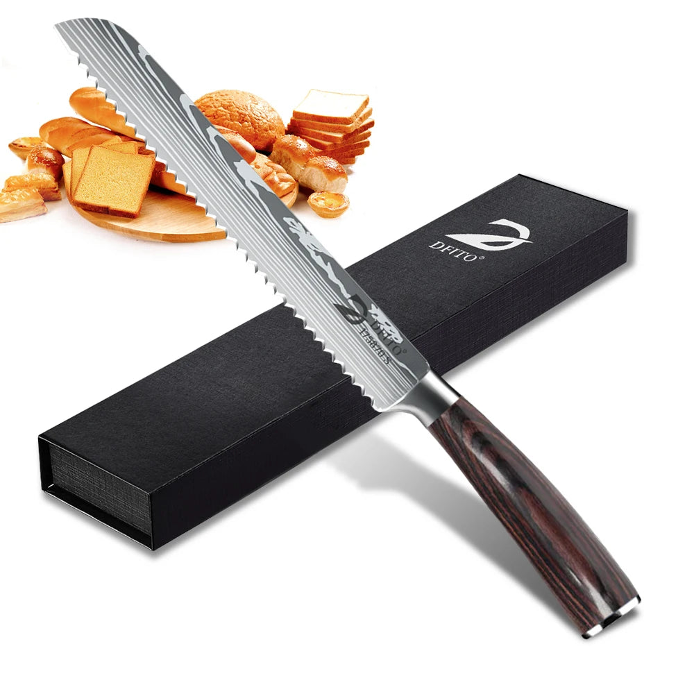 Bread Knife Serrated Design Laser Damascus Wood Handle Slicing Chef Knive