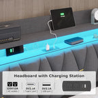 LED King Bed Frame with Storage, Charging Station & Headboard - Dark Gray Linen Upholstered Metal Frame