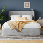 Lift Up Storage Bed with Wingback Headboard/Heavy-Duty Hydraulic Bed/Large Underneath Storage