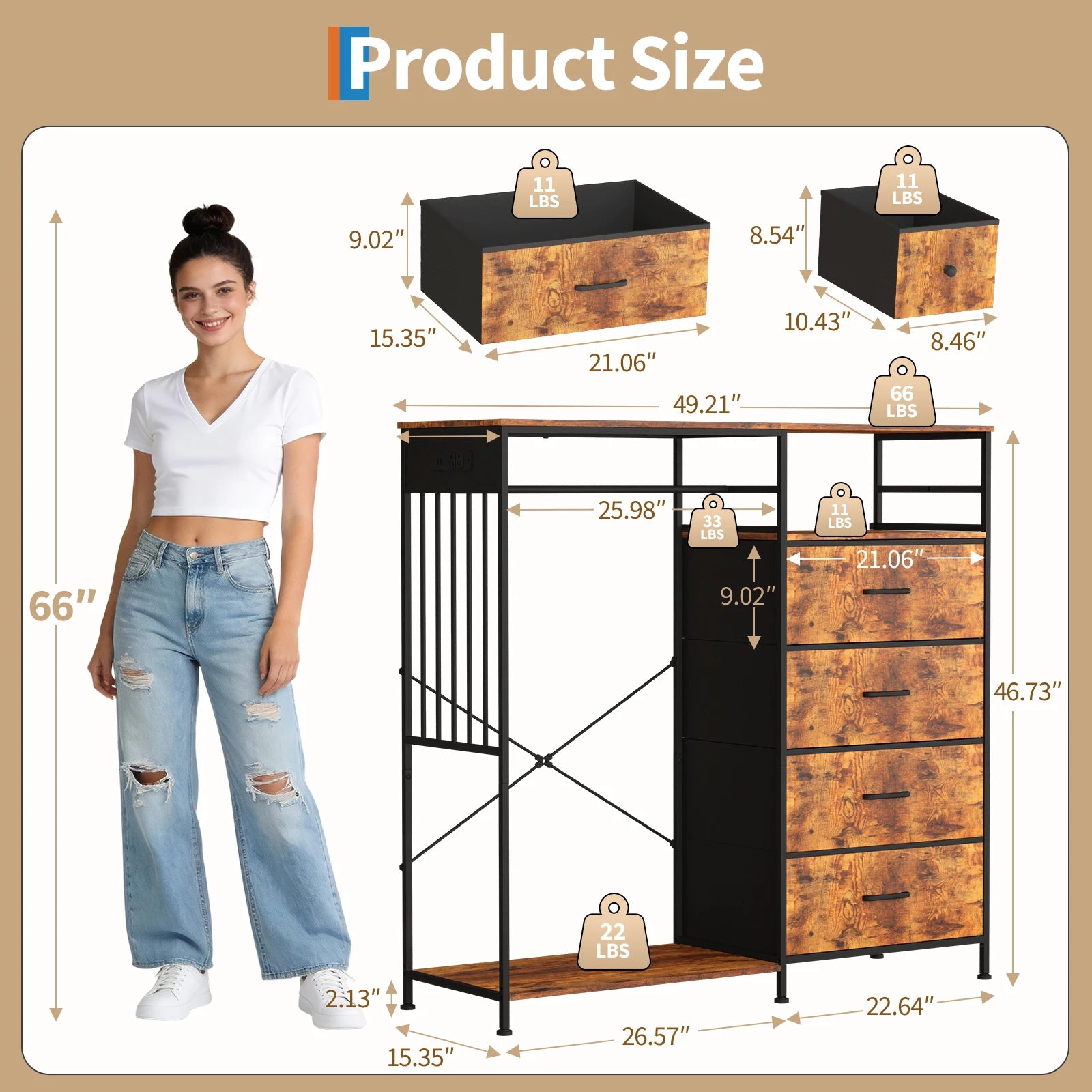 6 Fabric Drawers Hanging Rack Dresser Closet w/LED Lights & Charging Station