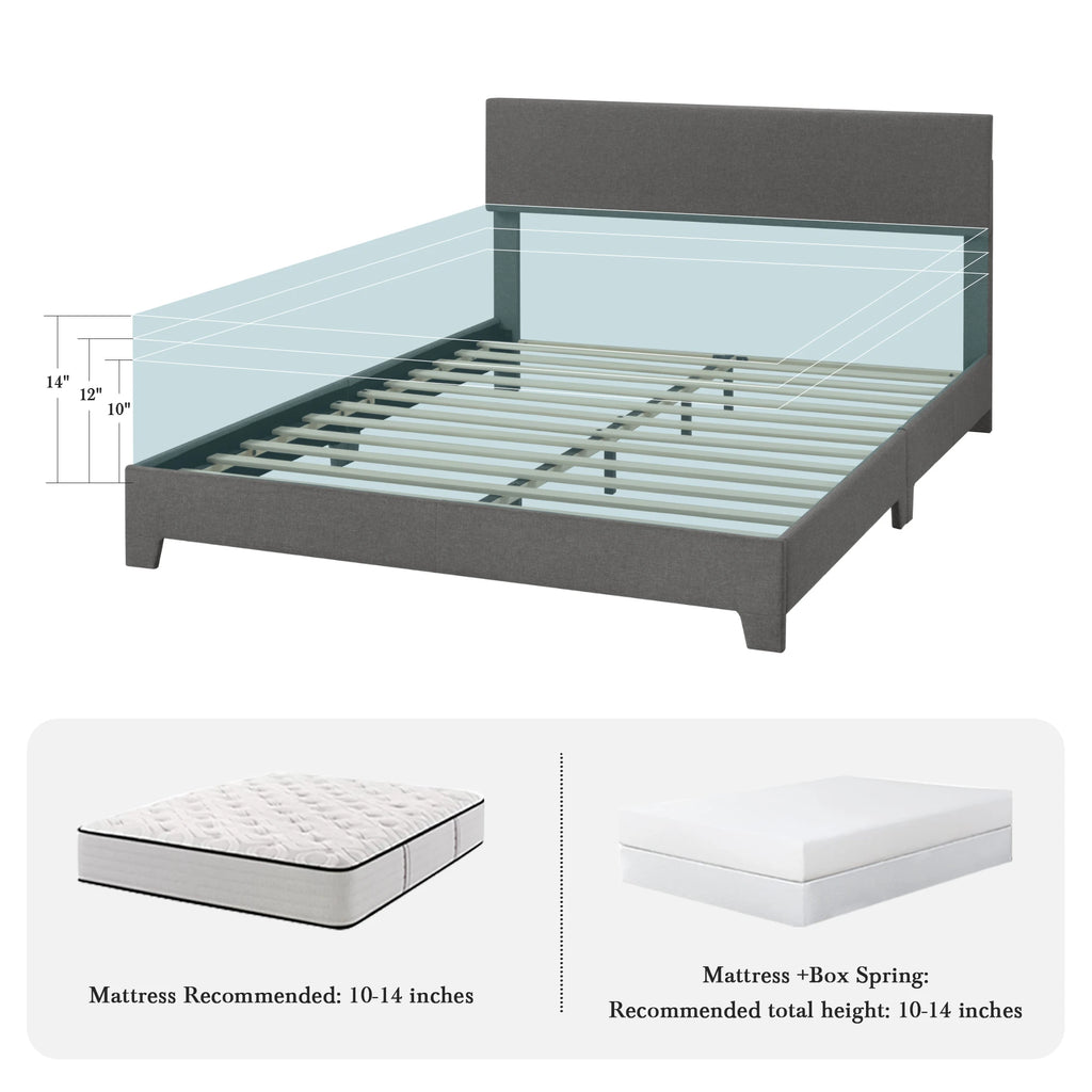 Upholstered Bed Frame with Adjustable Headboard, Soft Linen Fabric,