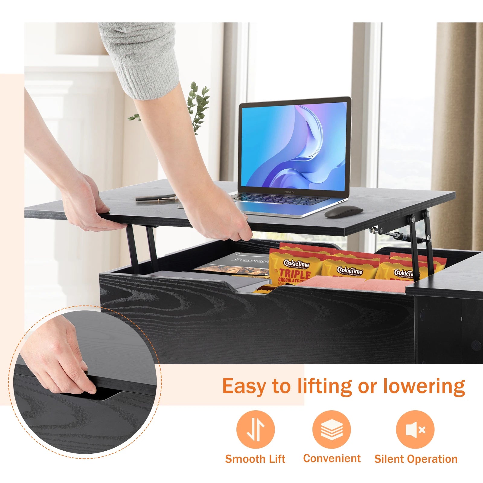 Lift Top Coffee Tables For Living Room 39.37"x19.7" Desk Tea Wood Dining Tables Adjustable Storage Shelf Easy Lift Or Lower