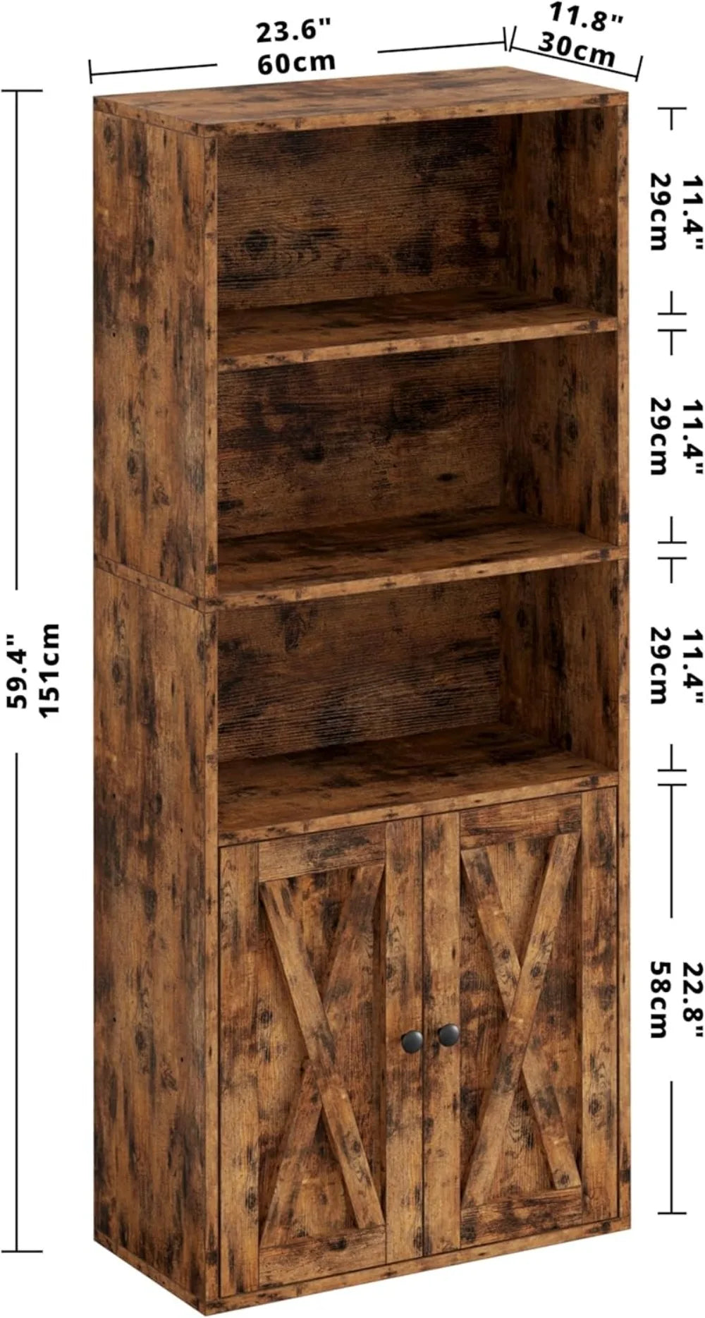 Industrial 5-Shelf Bookcase with Doors, 11.8" Depth