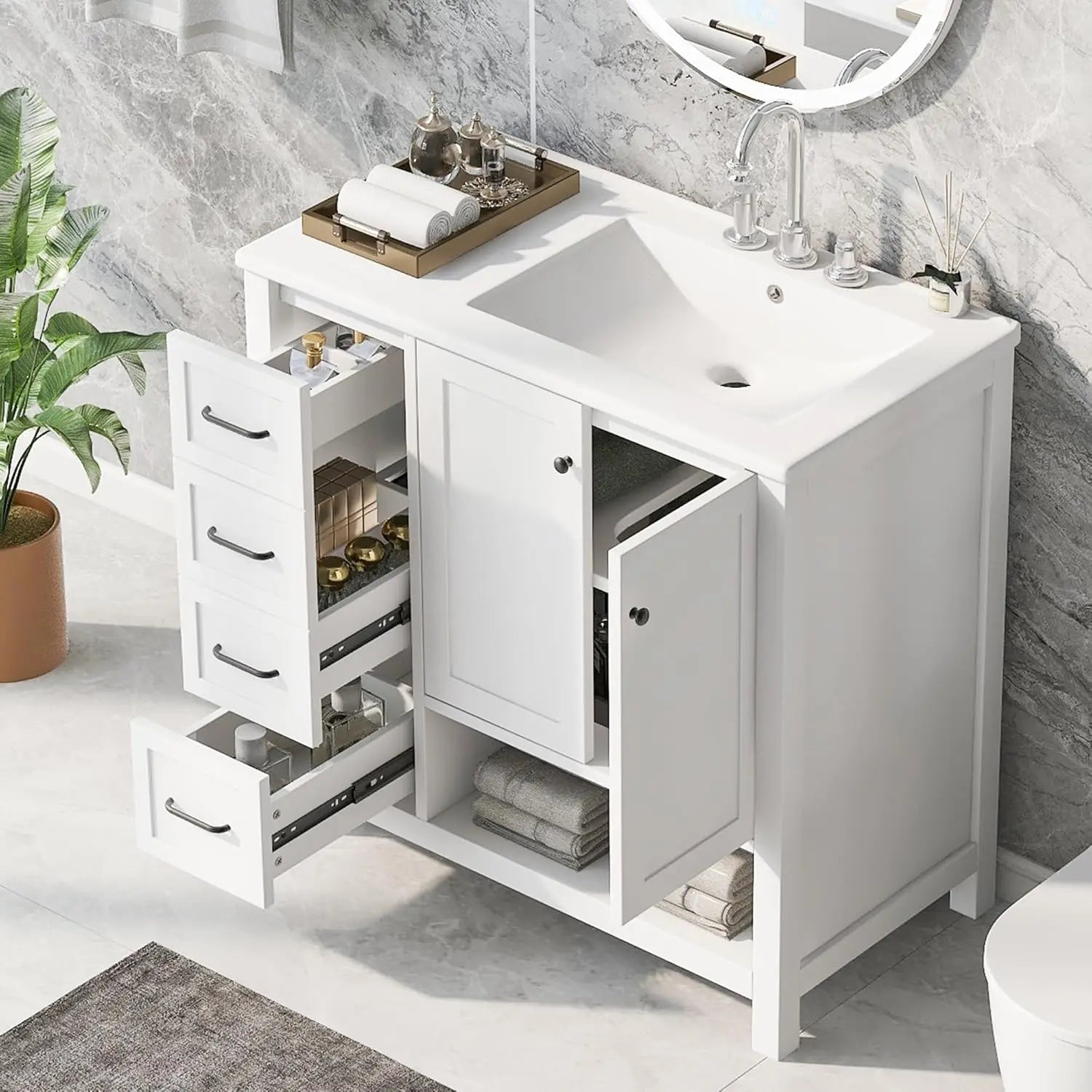 36" Modern Vanity with Ceramic Sink, Soft-Close Drawers & Door,