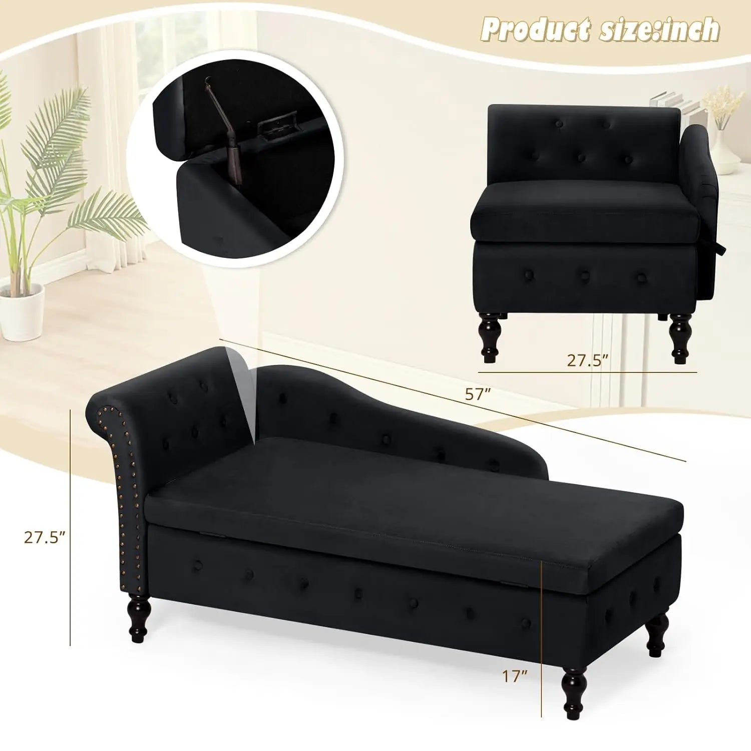 Velvet Chaise Lounge with Left Armrest & Storage Space