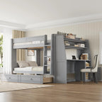 Full Wooden Gaming Bunk Bed with Desk Storage Shelves USB LED Light