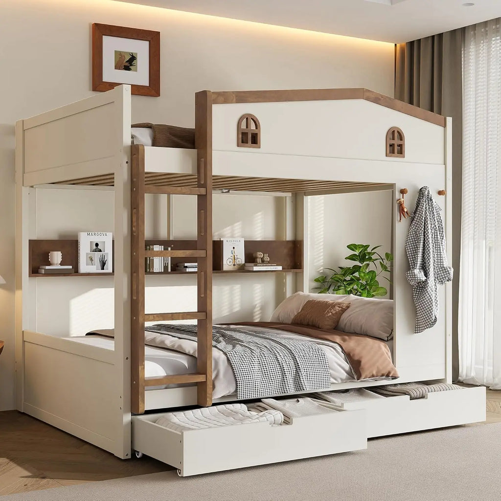 Full Wooden Gaming Bunk Bed with Desk Storage Shelves USB LED Light