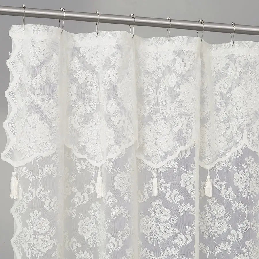 Ivory Shower Curtain with Attached Valance and Elegant Tassels. Standard Size 72 x 72 Lace Shower Curtain for Bathroom.