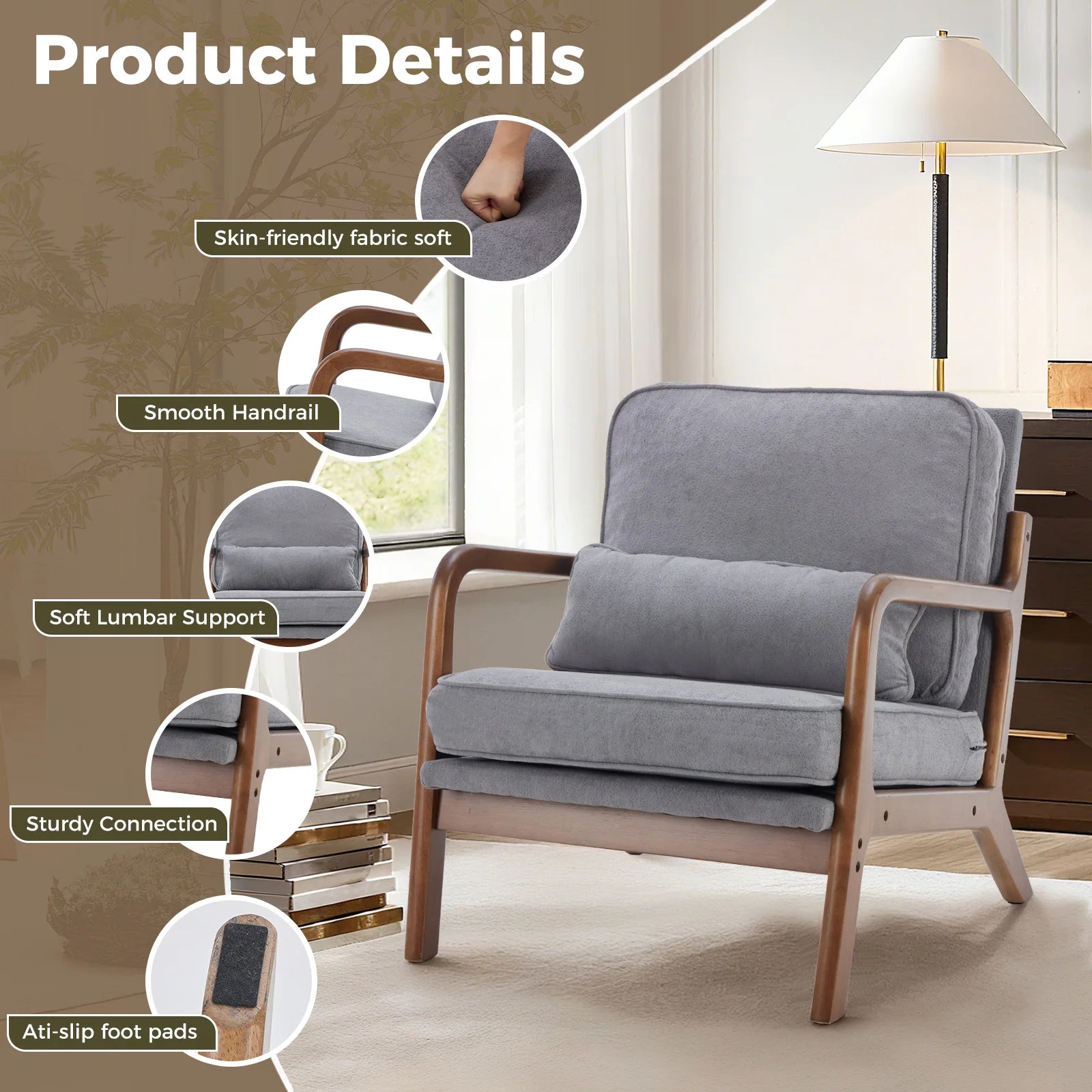 Mid Century Modern Chair Solid Wooden Frame Accent Chair with Arms