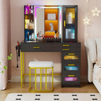 RGB Glass Top Vanity Desk with Mirror Light Wireless Charging Stool 6 Drawers Cabinet Bedroom White Customized