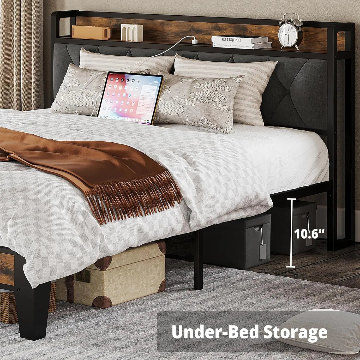 Twin/TwinXL/Full/Queen/King/CaliforniaKing Bed Frames, Storage Headboard with Outlets,