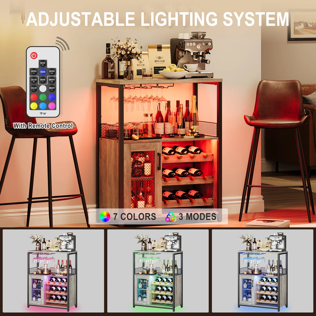 36" Wine Bar Cabinet with LED Lights - Adjustable Glass Shelves