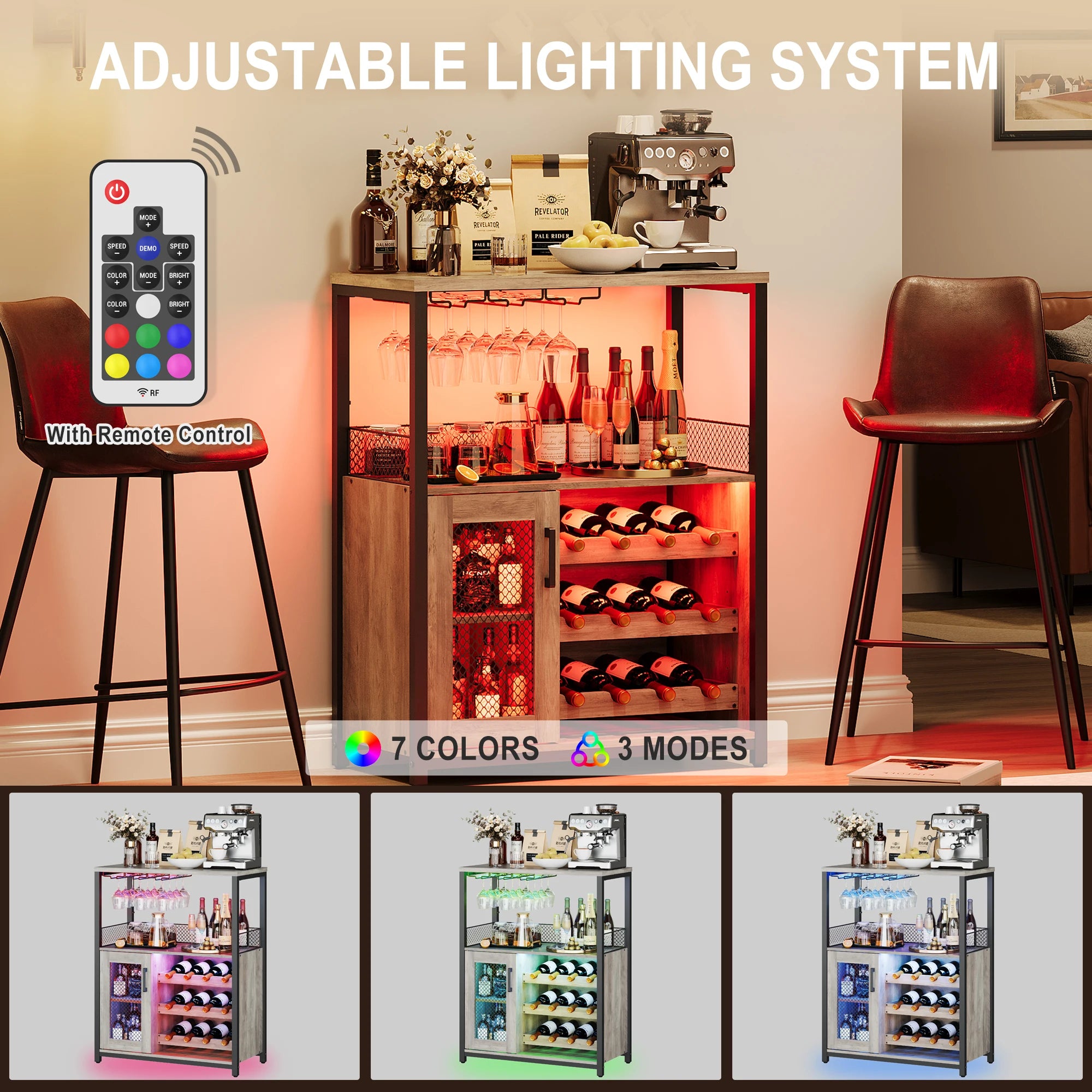 36" Wine Bar Cabinet with LED Lights - Adjustable Glass Shelves