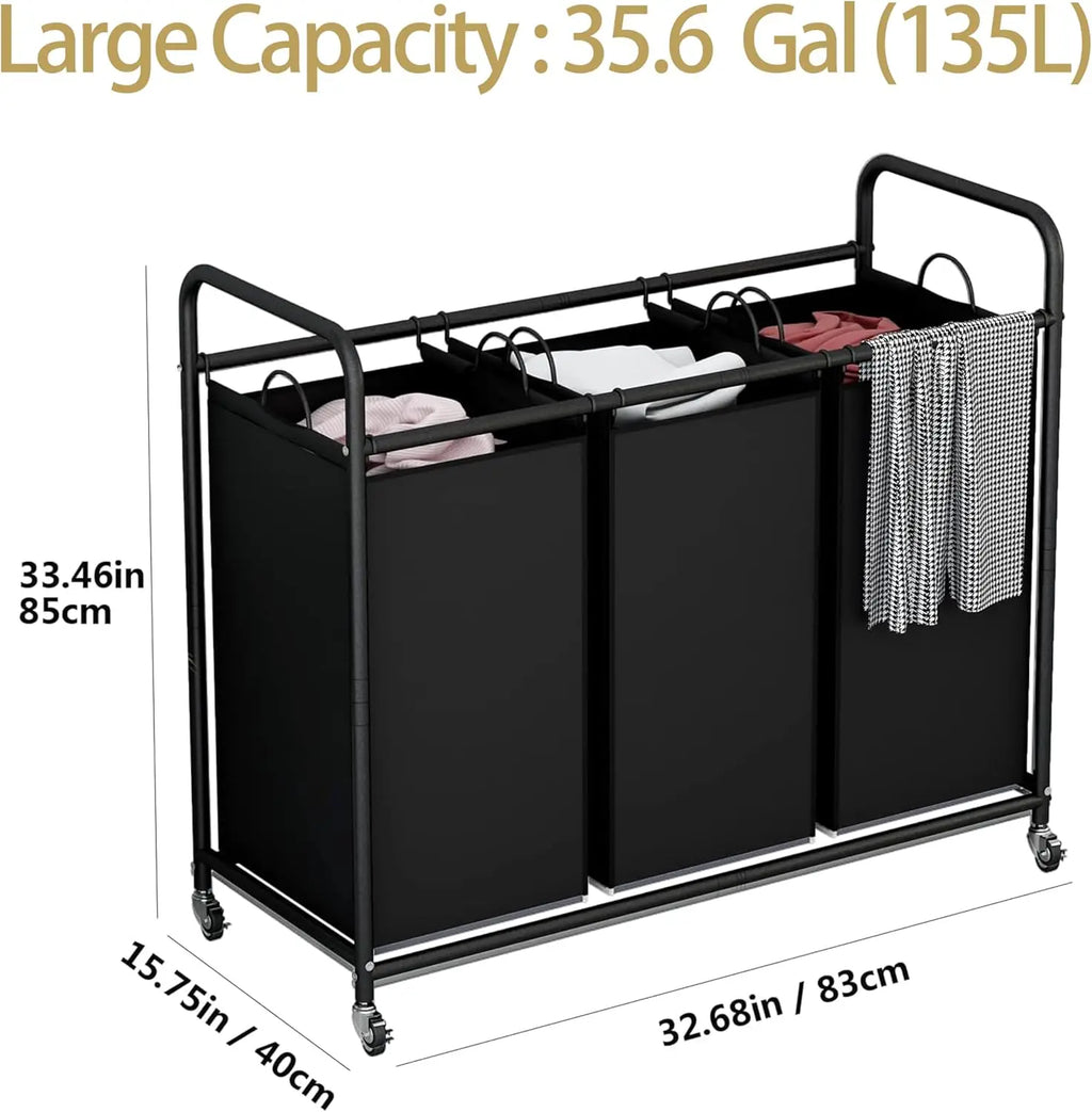 3-Bag Laundry Basket with Rolling Wheels, 35.6 Gal(135 L)