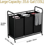 3-Bag Laundry Basket with Rolling Wheels, 35.6 Gal(135 L)