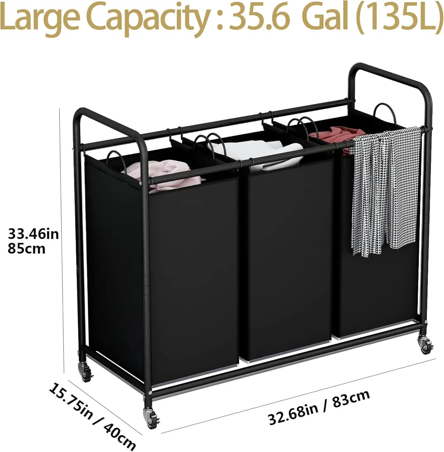 3-Bag Laundry Basket with Rolling Wheels, 35.6 Gal(135 L)