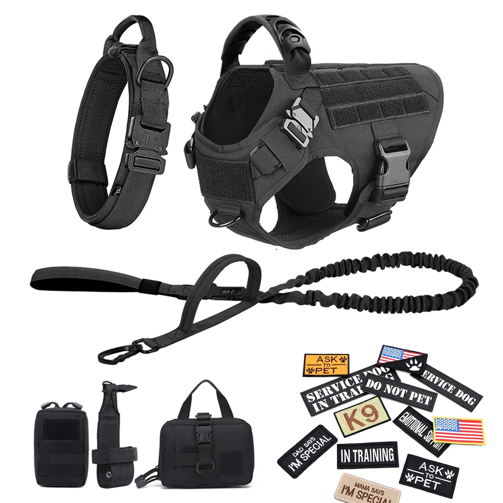 Military Large Dog Harness Collar Leash Bags Patches Set