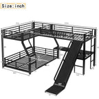 Black Metal Twin Over Full Bunk Bed with Loft, Desk, Ladder, USB Ports, Slide for Kids & Adults