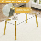 ,71''Gold Dining Room Table &Generous Legroom with 6 White Leather
