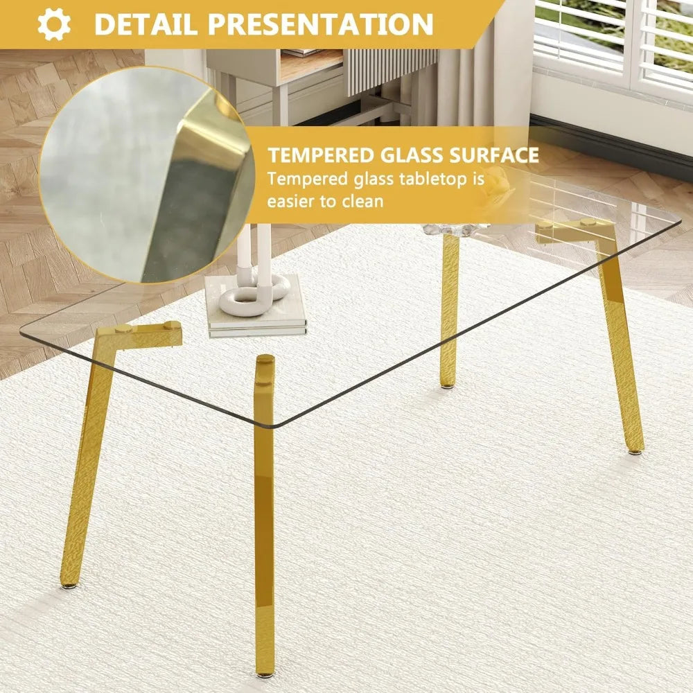 ,71''Gold Dining Room Table &Generous Legroom with 6 White Leather