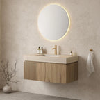 36in Wall Mounted Bathroom Vanity with Sink Ceramic Basin Travertine Countertop Storage Drawer Door Light