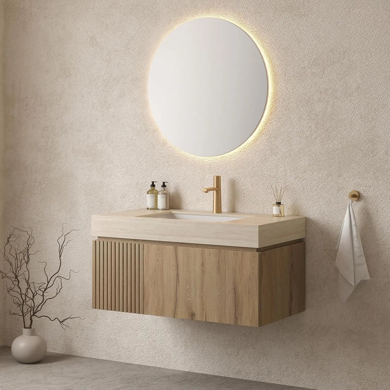 36in Wall Mounted Bathroom Vanity with Sink Ceramic Basin Travertine Countertop Storage Drawer Door Light