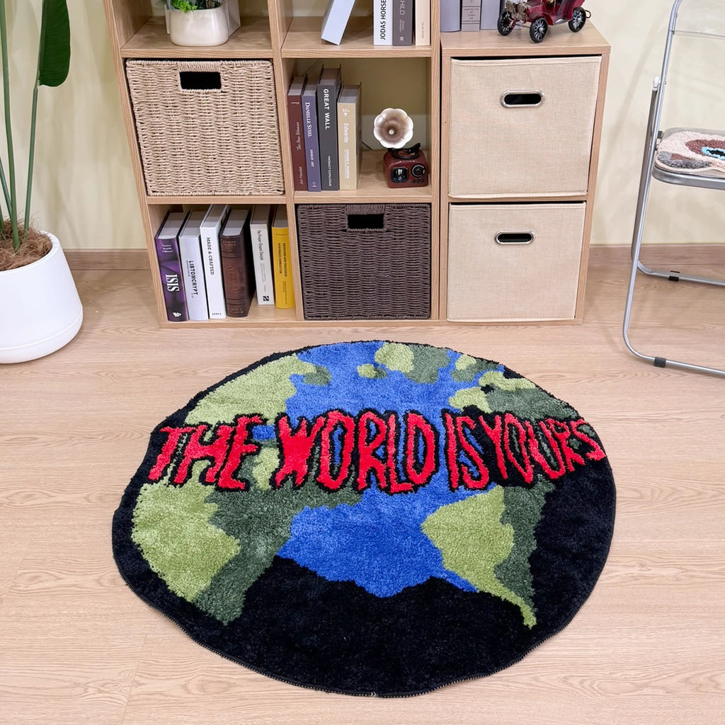 Trendy 'The World Is Yours' Globe Tufted Rug Round Fluffy Shaggy Carpet Black Blue Green Red Non-Slip Absorbent Bath Mat Living