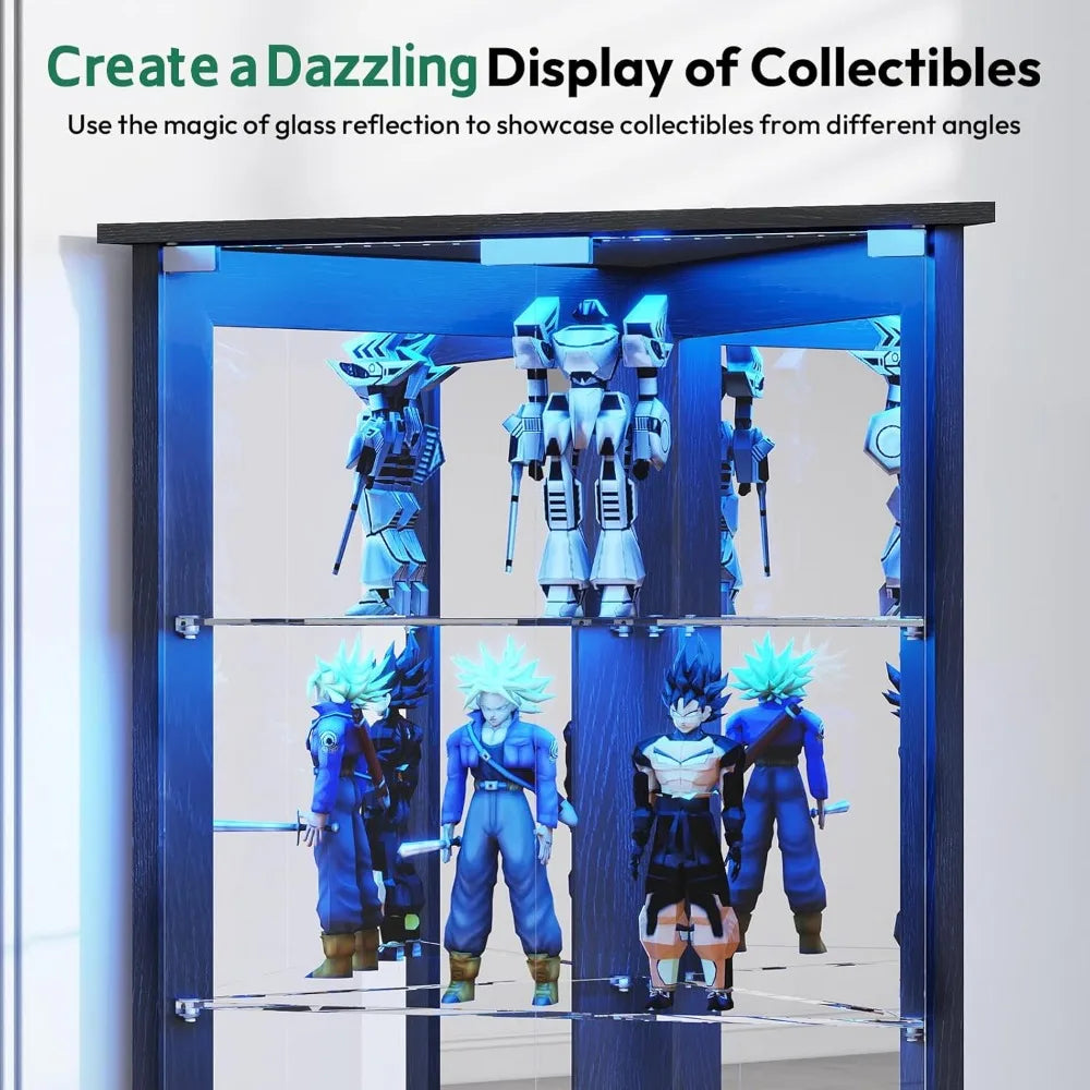 Modern 6-Tier Corner Display Cabinet with Glass Doors and LED Lighting