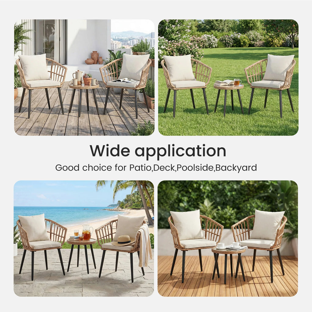 3 Pieces Wicker Patio Outdoor Set with Soft Cushion and Glass Steel Frame Table Manual Weaving Patio Chairs For Garden Lawn