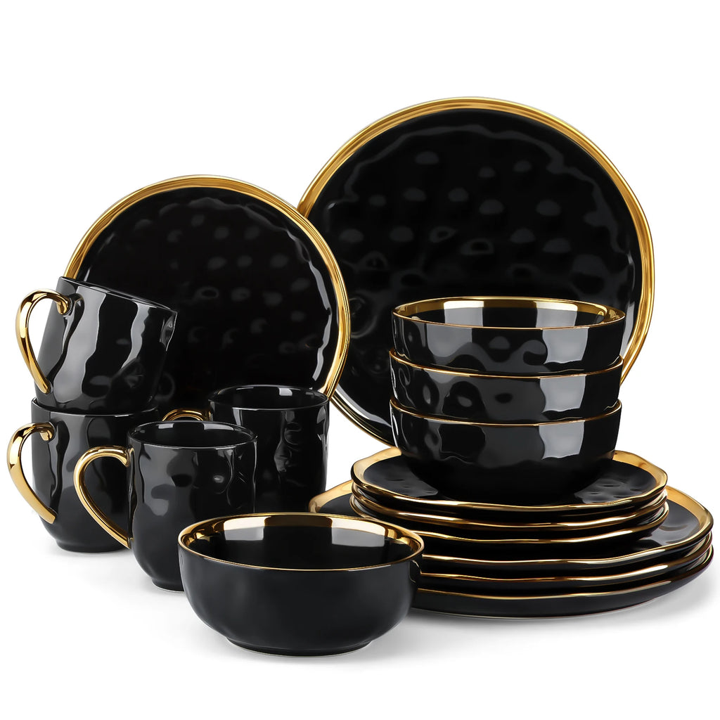 Porcelain Dinnerware Set with Gold Trim Dessert Plate,Dinner Plate,Cup,Bowl