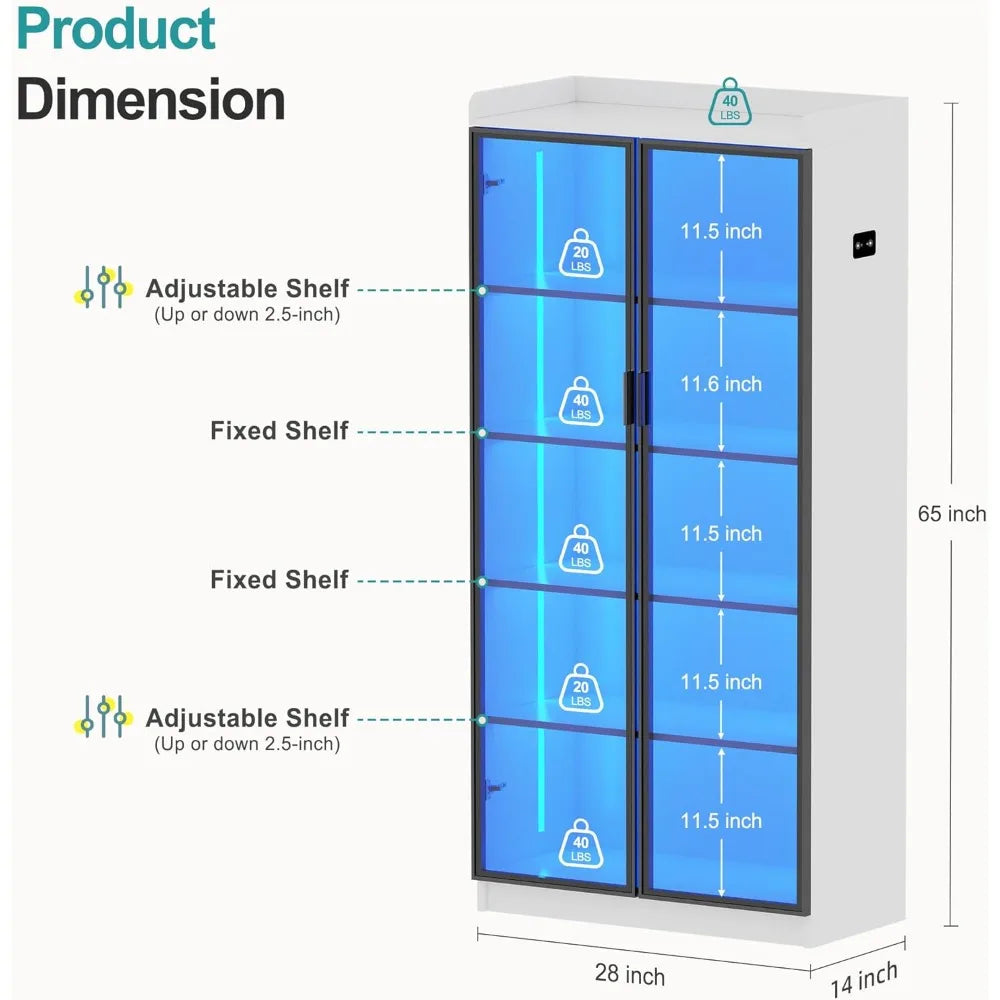 65" LED Display Cabinet with Lights, 5-Tier Adjustable Shelves