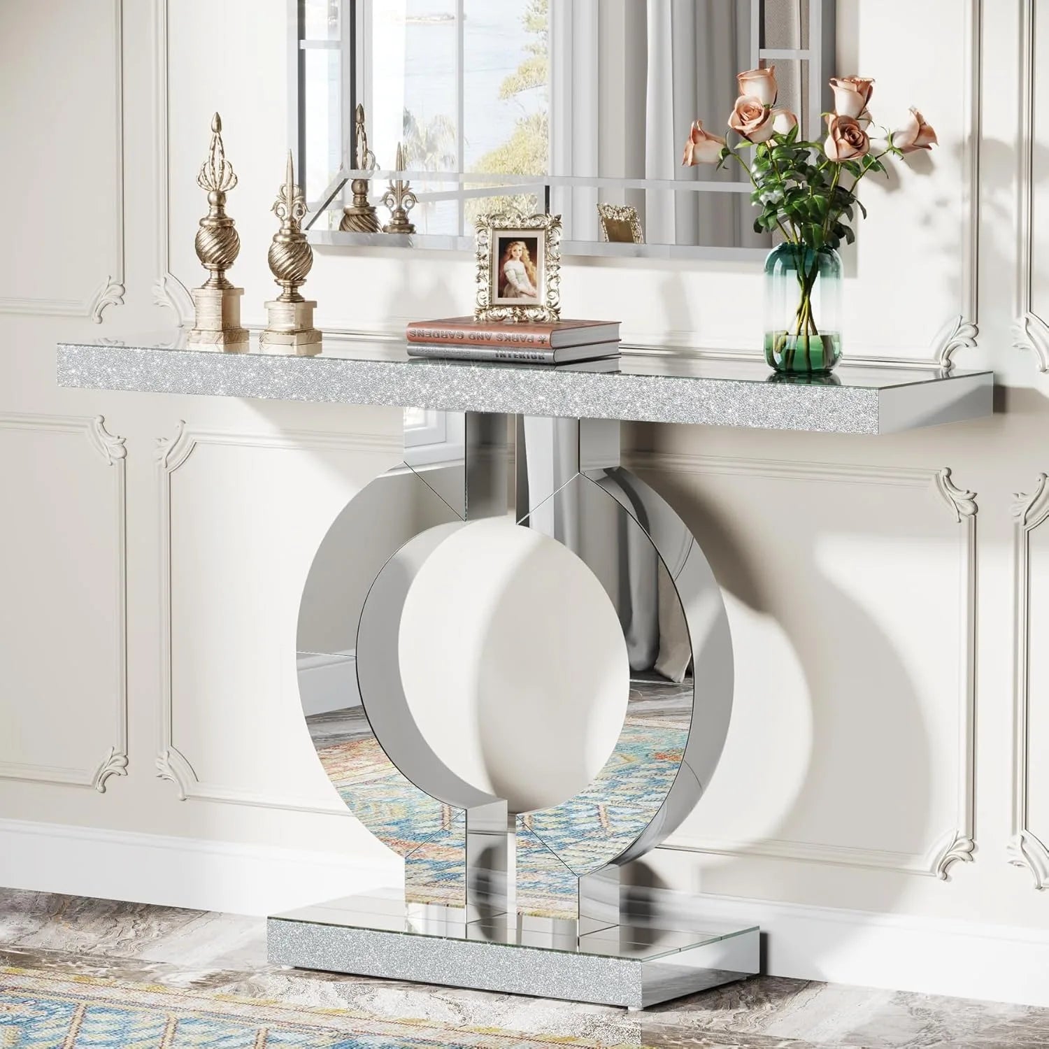 Mirrored Console Table with O-Shaped Base, Entryway Table Glass Sofa Table with Mirror Finish,