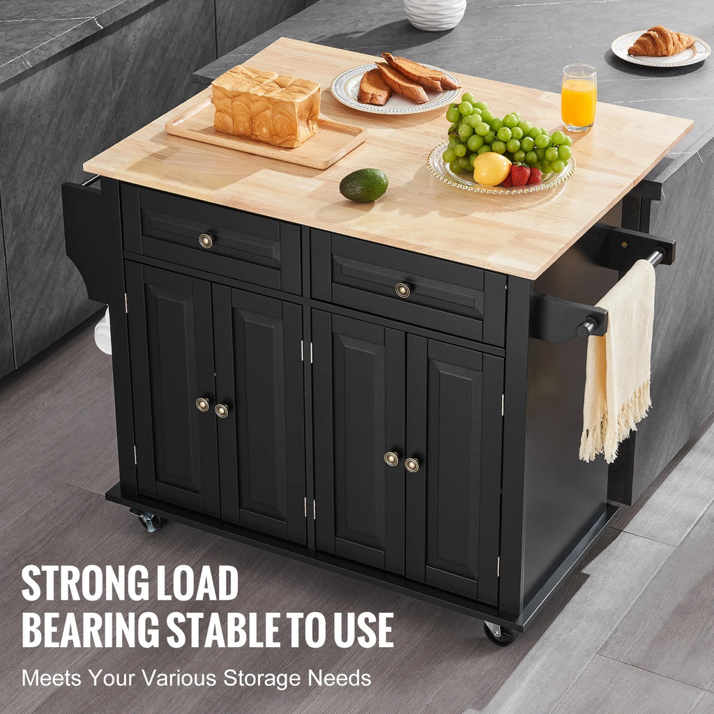 43" Kitchen Island Cart Wood Top Mobile Carts with Storage Cabinet