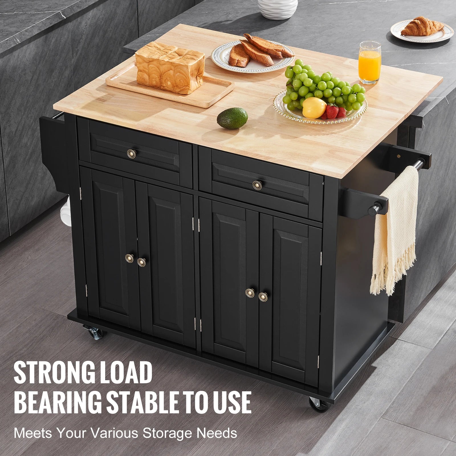 43" Kitchen Island Cart Wood Top Mobile Carts with Storage Cabinet