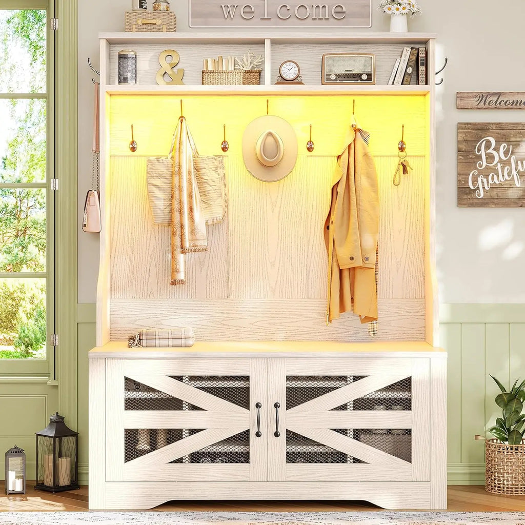 5-in-1 Entryway Bench with Coat Rack, 10 Shoe Cubbies & 9 Coat Hooks, Barn Door & Adjustable