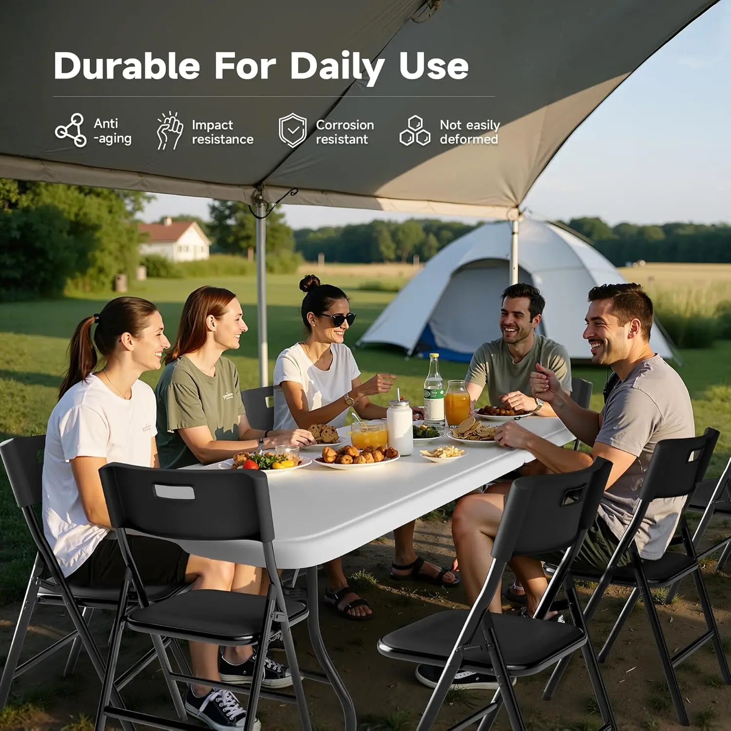 8FT Folding Table Set with 10 Chairs – Heavy-Duty 660 lb Table & 330 lb Chairs, Portable Folding Furniture Bundle for Camping, P