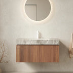 36in Wall Mounted Bathroom Vanity with Sink Ceramic Basin Travertine Countertop Storage Drawer Door Light