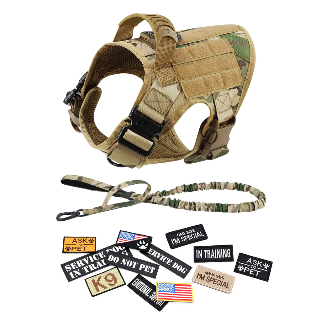 Military Large Dog Harness Collar Leash Bags Patches Set