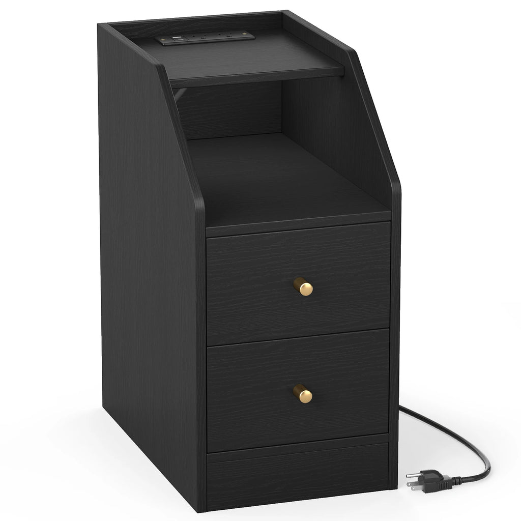 Side Table w/ Charging Station, Storage Drawers, Sofa Couch Table for Small Space