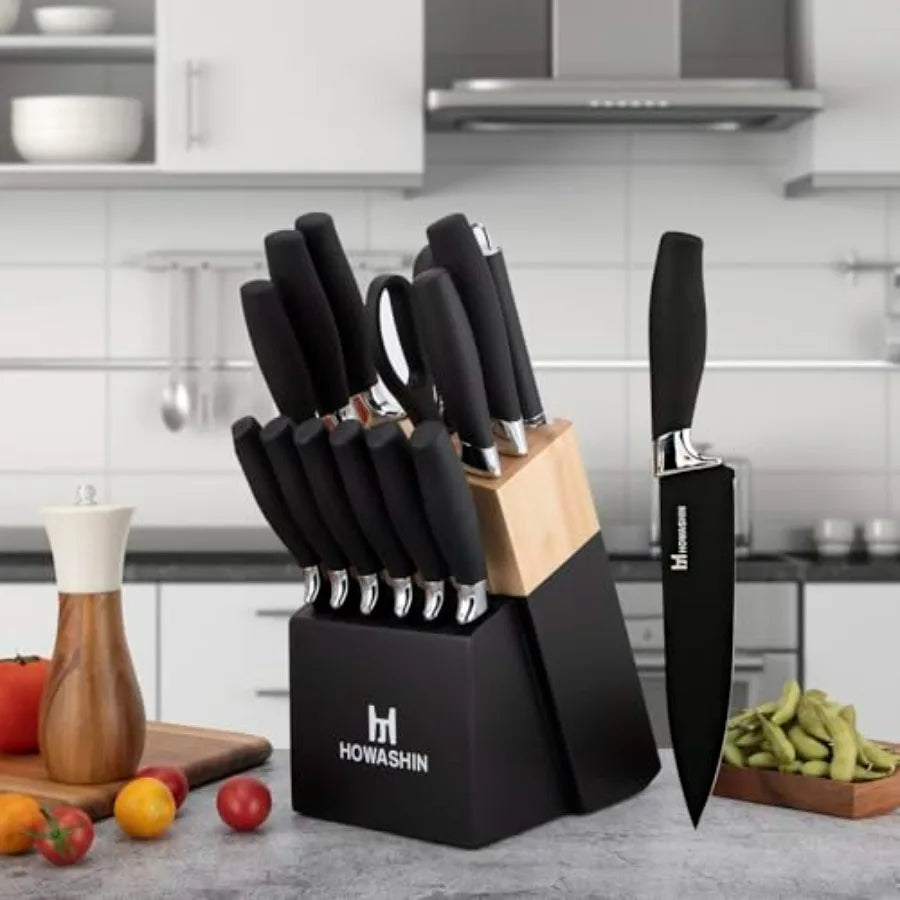Black Knife Set 15 Pieces Kitchen Knife Set Dishwasher Safe German Stainless Steel