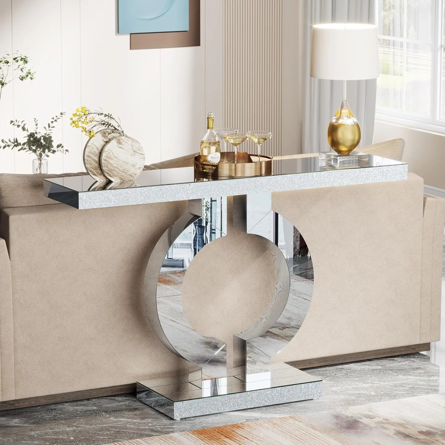 Mirrored Console Table with O-Shaped Base, Entryway Table Glass Sofa Table with Mirror Finish,